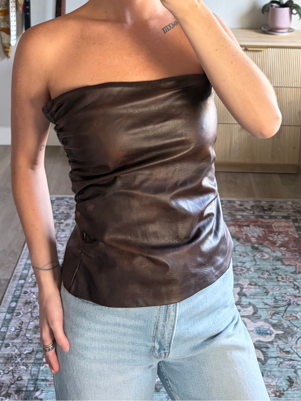 ZARA Brown Faux Leather Ruched Strapless Top Size M NWT